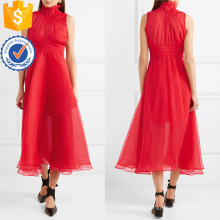 Chiffon vermelho sem mangas de gola alta plissada vestido de verão midi manufatura grosso moda feminina vestuário (t0264d)